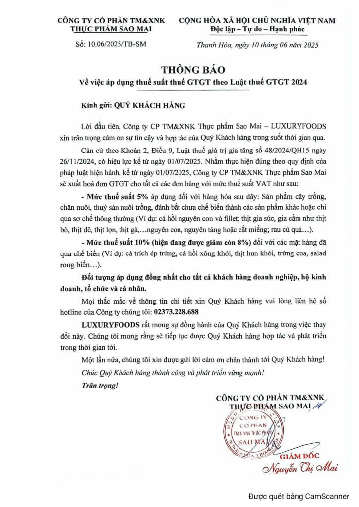 Thông báo về việc áp dụng thuế suất thuế GTGT theo Luật thuế GTGT số 48/2024/QH15